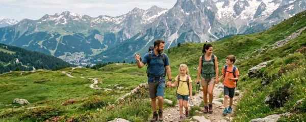 Famille en randonnée sur les sentiers alpins de Courchevel en été, avec vue sur les sommets enneigés