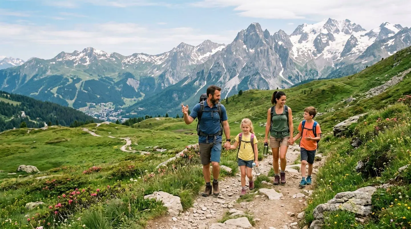 Famille en randonnée sur les sentiers alpins de Courchevel en été, avec vue sur les sommets enneigés