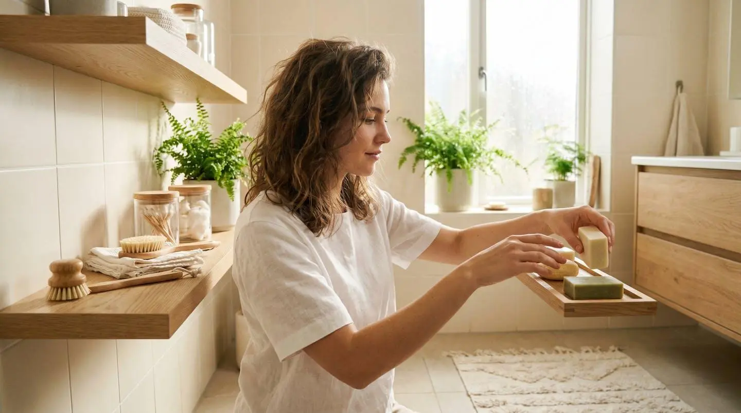 Femme arrangeant des cosmétiques solides sur une étagère de salle de bain en bois clair, ambiance naturelle et épurée