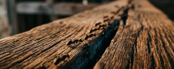 Gros plan macro sur une fissure dans une poutre de bois d'où émergent des fourmis charpentières en file continue, illustrant la progression d'une infestation structurelle