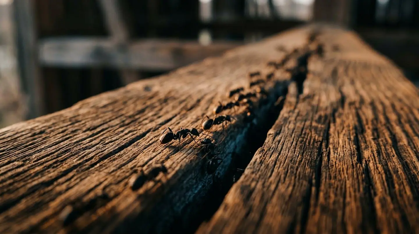 Gros plan macro sur une fissure dans une poutre de bois d'où émergent des fourmis charpentières en file continue, illustrant la progression d'une infestation structurelle