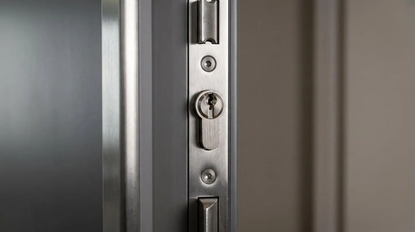 Gros plan sur serrure multipoints avec cylindre anti-perçage et points d'ancrage métalliques visibles sur porte résidentielle