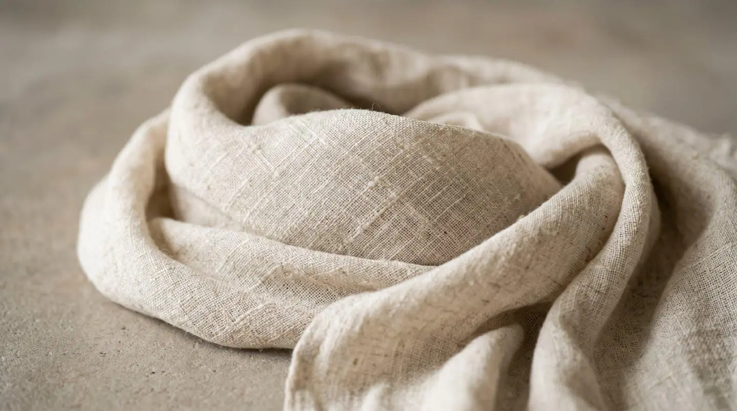 Gros plan sur la texture d'un chèche en lin naturel beige clair, plis organiques révélant le détail du tissage artisanal et les fibres naturelles visibles, éclairage latéral doux sur fond neutre contemporain