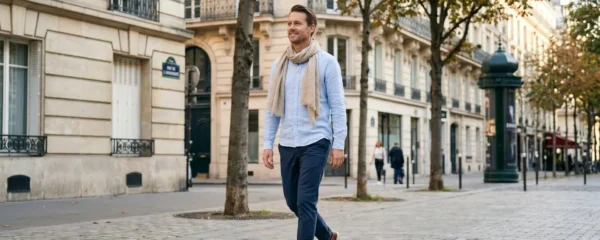 Homme d'environ 35 ans portant un chèche en lin beige noué de façon décontractée, marchant dans une rue parisienne aux façades haussmanniennes, style business casual soigné, lumière naturelle douce d'après-midi