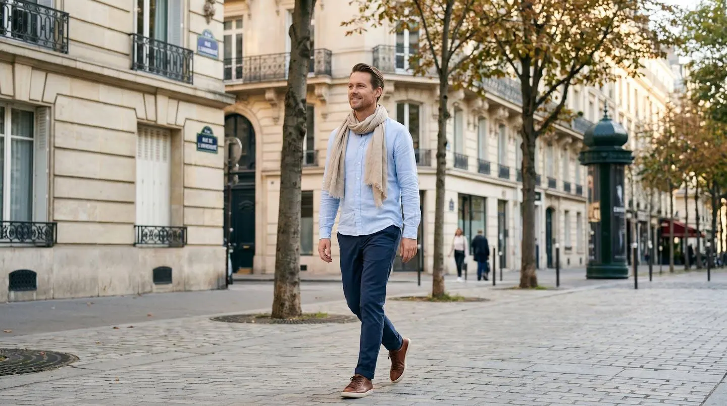 Homme d'environ 35 ans portant un chèche en lin beige noué de façon décontractée, marchant dans une rue parisienne aux façades haussmanniennes, style business casual soigné, lumière naturelle douce d'après-midi