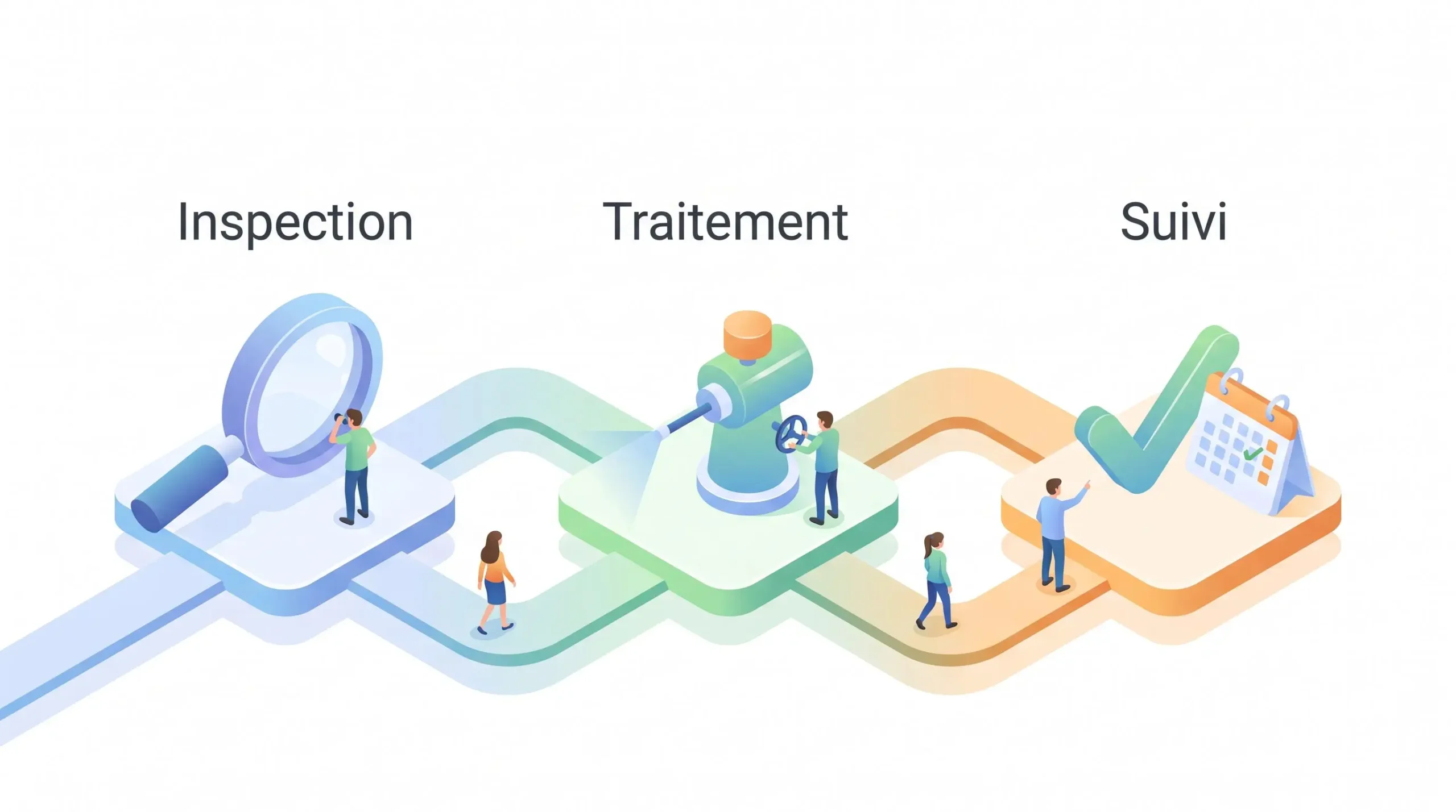 Illustration isométrique représentant les trois étapes d'une intervention d'extermination : inspection, traitement et suivi avec garantie