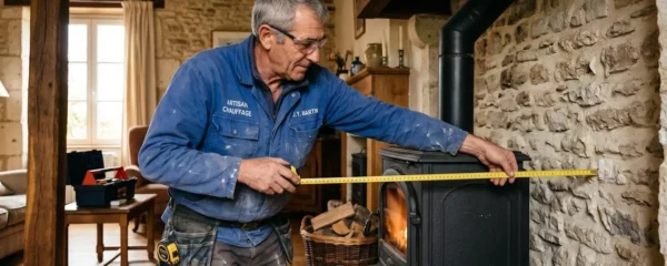 Technicien mesurant la distance de sécurité entre un poêle à bois en acier et un mur en pierres dans une maison de campagne rénovée