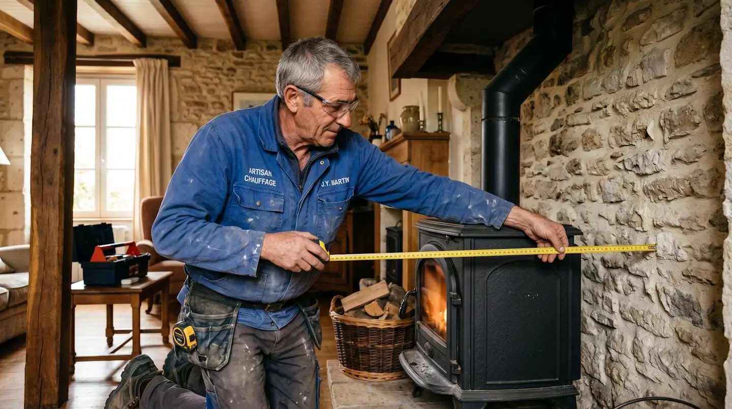 Technicien mesurant la distance de sécurité entre un poêle à bois en acier et un mur en pierres dans une maison de campagne rénovée