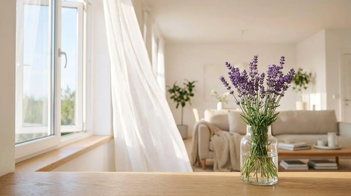 Intérieur lumineux avec fenêtre ouverte et voilage blanc flottant, bouquet de lavande fraîche au premier plan sur surface bois clair, évoquant aération et purification après traitement