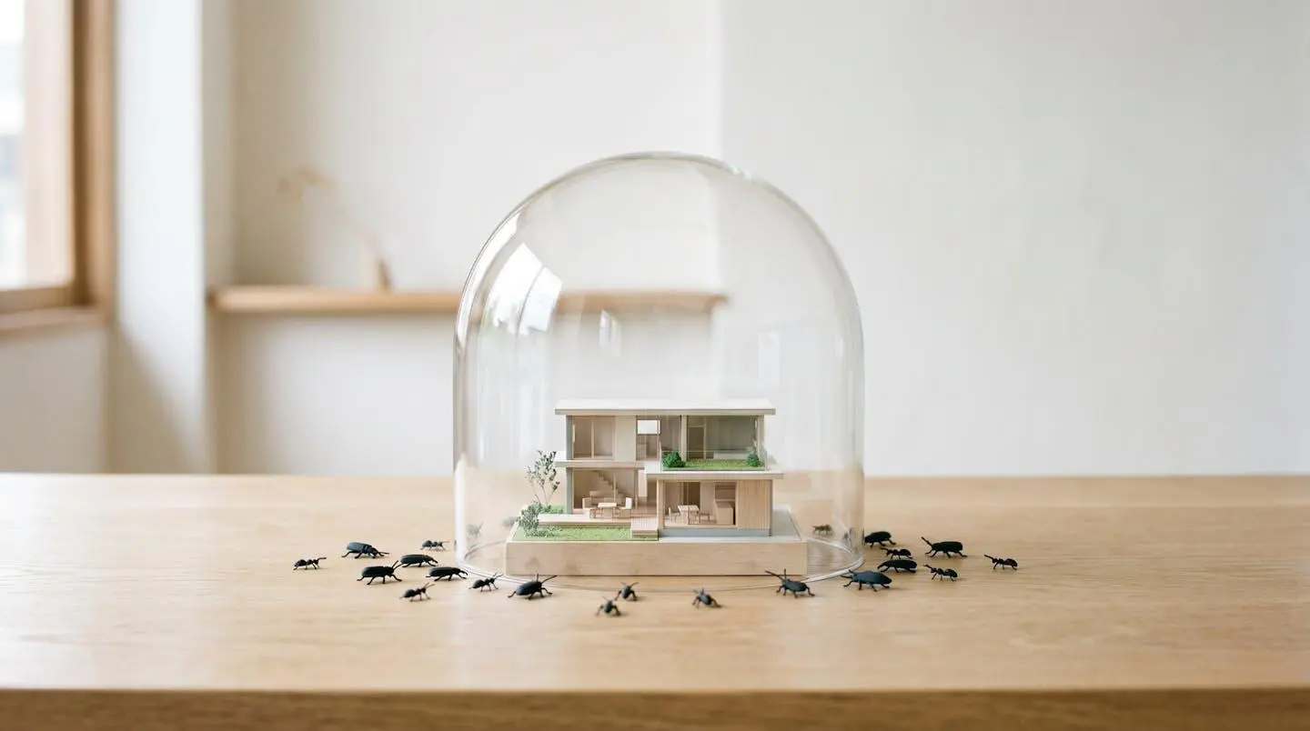 Maquette miniature de maison sous dôme de verre protecteur avec silhouettes d'insectes à l'extérieur symbolisant la barrière de protection contre les parasites