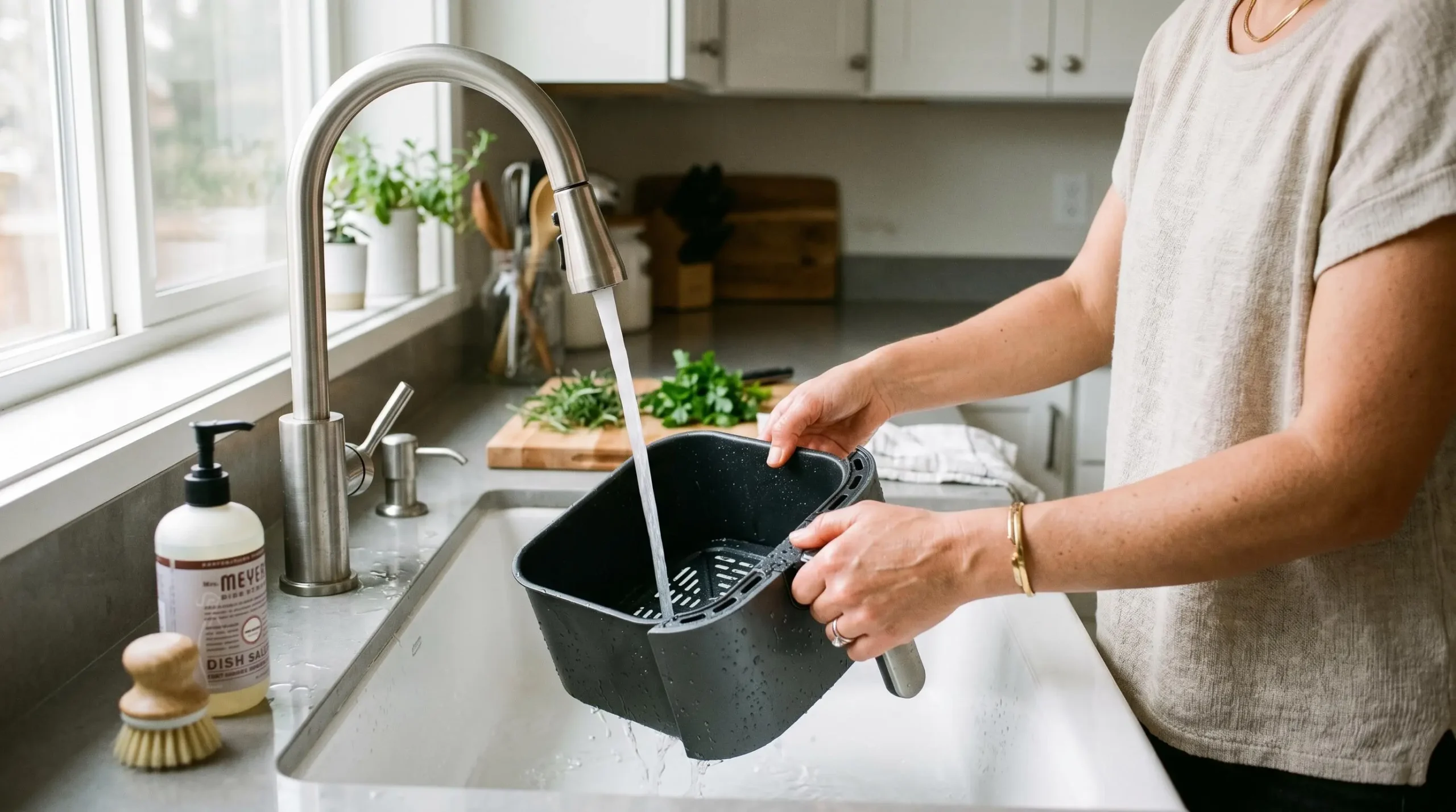 Cuve amovible d'une friteuse multifonction rincée sous l'eau courante dans un évier de cuisine