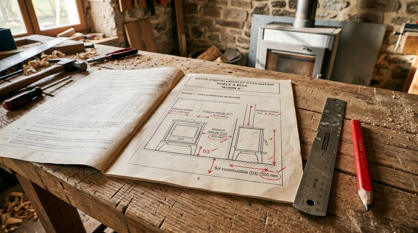 Notice technique d'un poêle à bois ouverte sur une table de chantier avec schéma des distances de sécurité annoté au crayon rouge