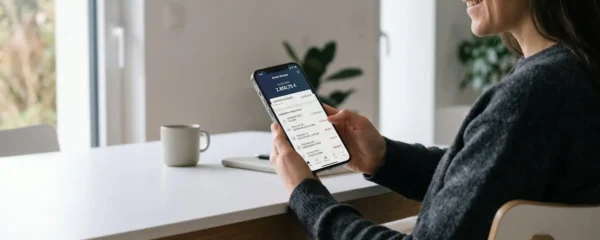 Personne consultant une application bancaire mobile en français sur smartphone dans un environnement contemporain épuré avec lumière naturelle