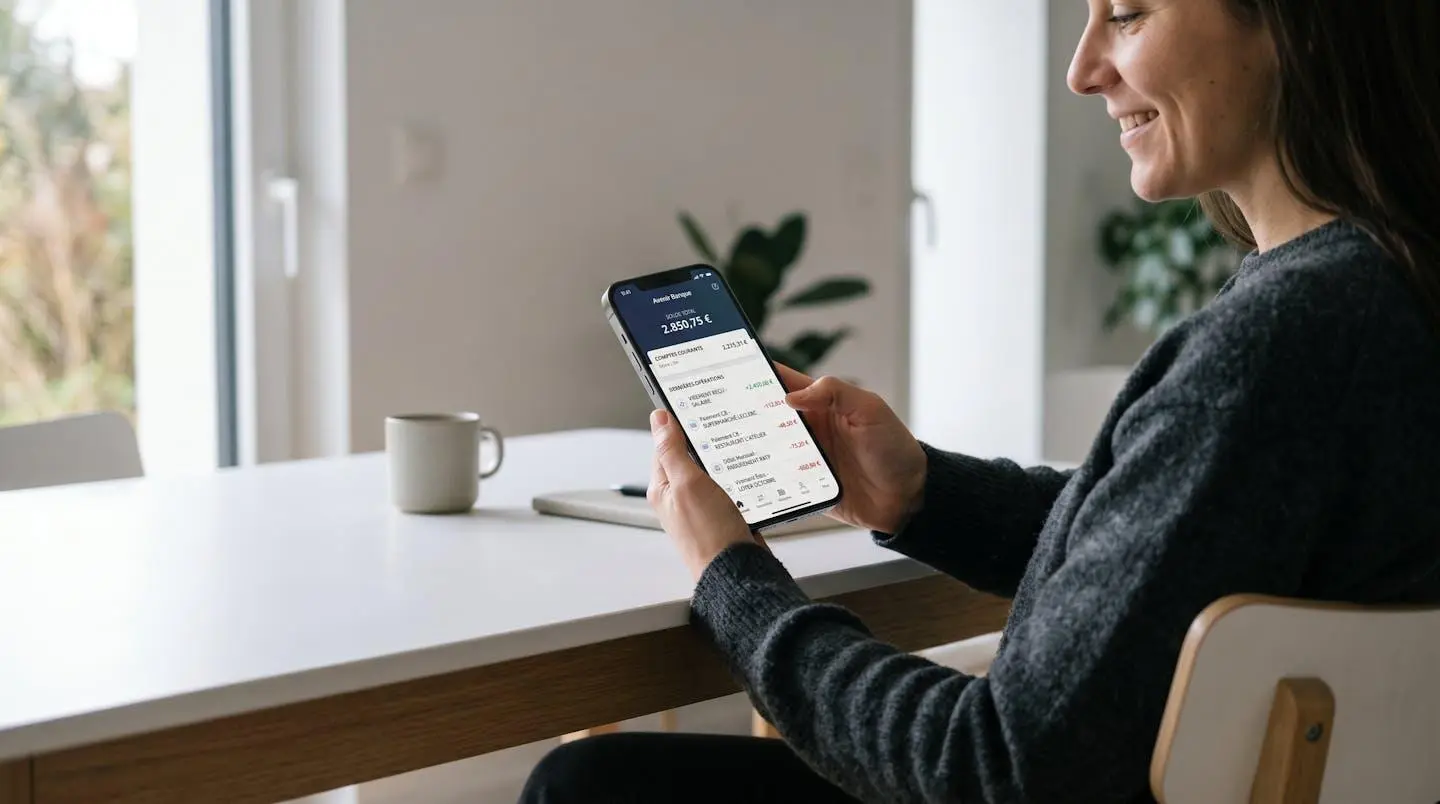 Personne consultant une application bancaire mobile en français sur smartphone dans un environnement contemporain épuré avec lumière naturelle