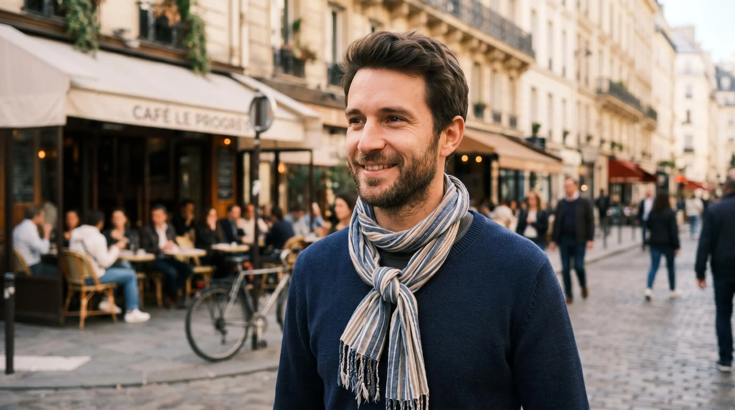 Plan rapproché d'un homme d'environ 30 ans portant un chèche noué simplement sur une chemise casual, environnement urbain français en arrière-plan flou, lumière naturelle chaleureuse, expression détendue