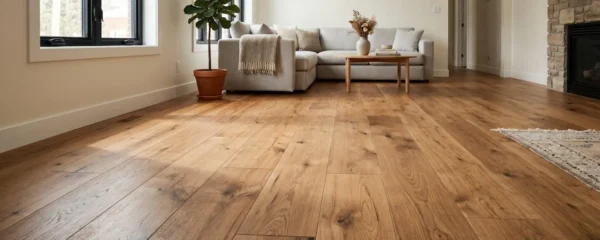 Vue rapprochée d'un plancher en bois massif dans un salon lumineux rénové, avec des reflets naturels sur le parquet
