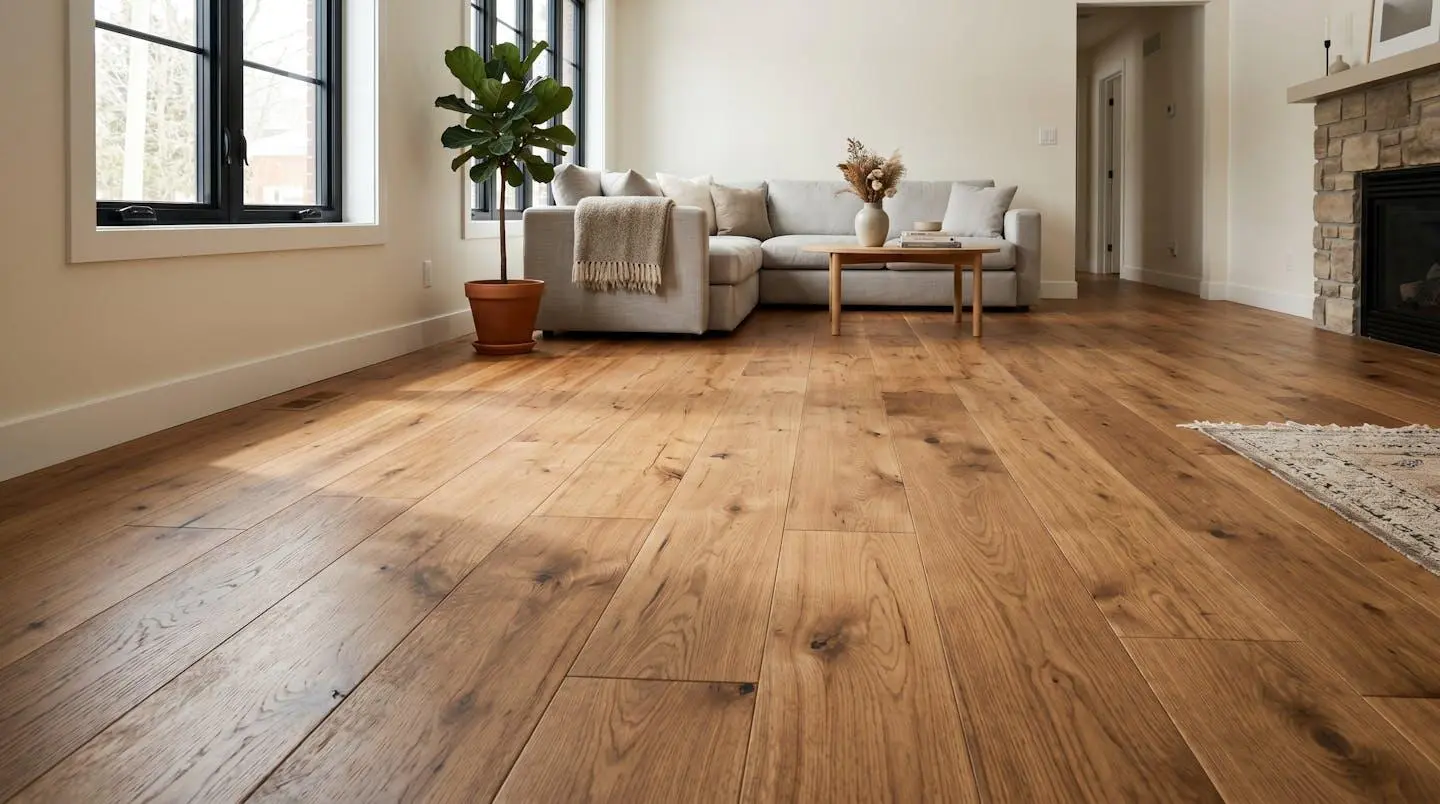 Vue rapprochée d'un plancher en bois massif dans un salon lumineux rénové, avec des reflets naturels sur le parquet