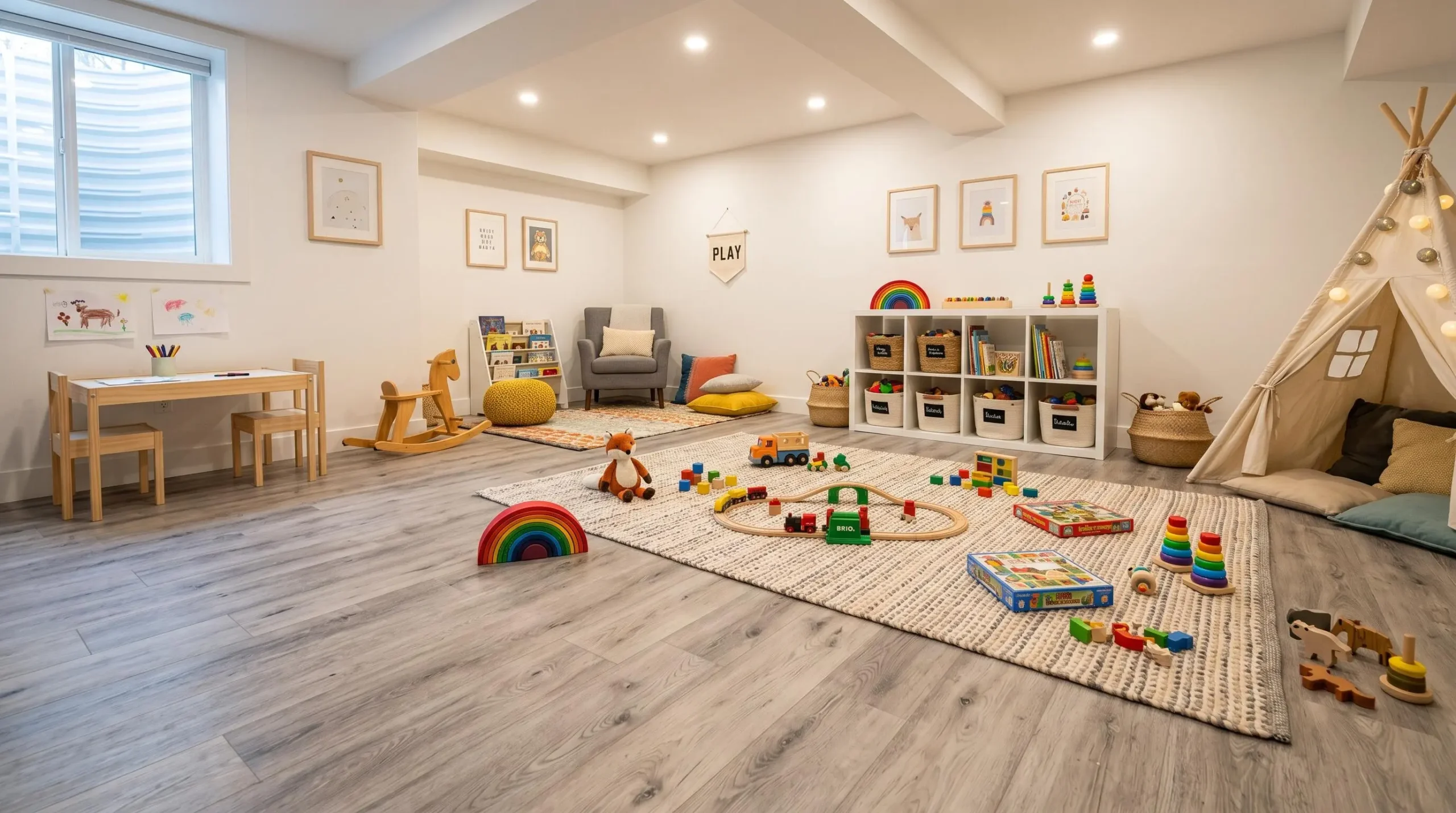 Plancher vinyle LVP gris clair installé dans une salle de jeux lumineuse en sous-sol, avec jouets colorés et lumière naturelle artificielle