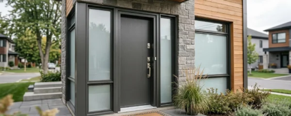 Porte d'entrée sécurisée moderne installée dans une maison québécoise, avec serrure multipoints visible et huisserie renforcée en acier