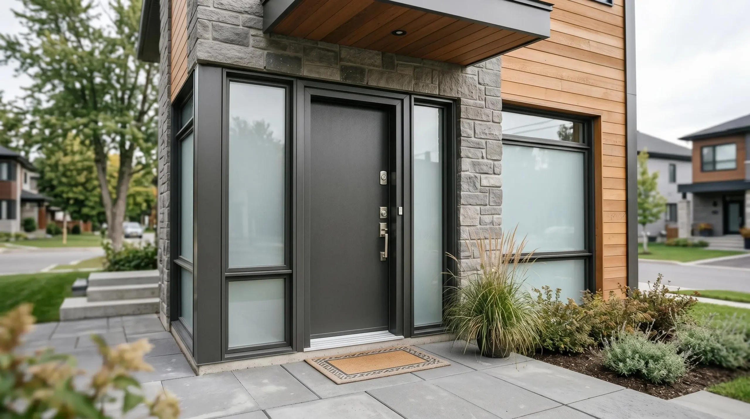 Porte d'entrée sécurisée moderne installée dans une maison québécoise, avec serrure multipoints visible et huisserie renforcée en acier