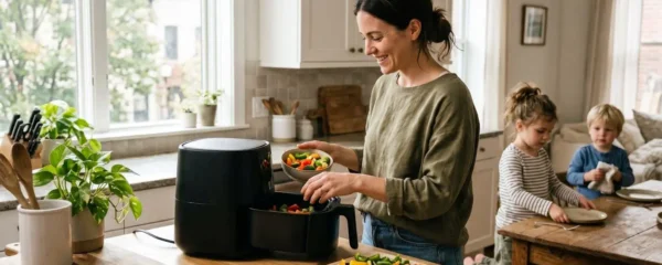 Famille préparant un repas varié avec une friteuse multifonction dans une cuisine moderne
