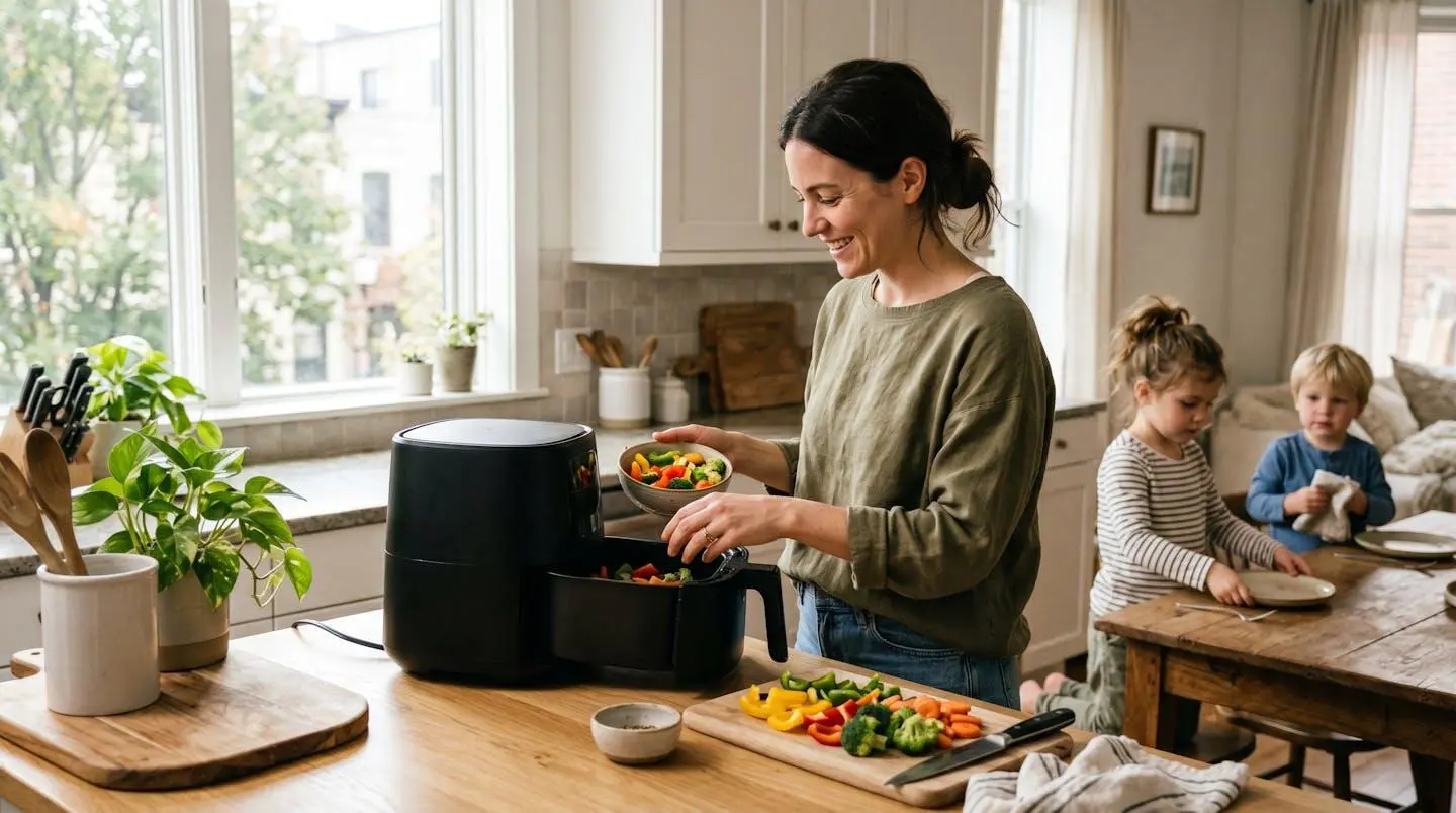 Famille préparant un repas varié avec une friteuse multifonction dans une cuisine moderne