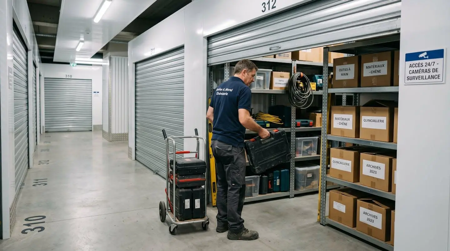 Professionnel chargeant du matériel dans un box de stockage en libre-service avec porte ouverte et étagères visibles