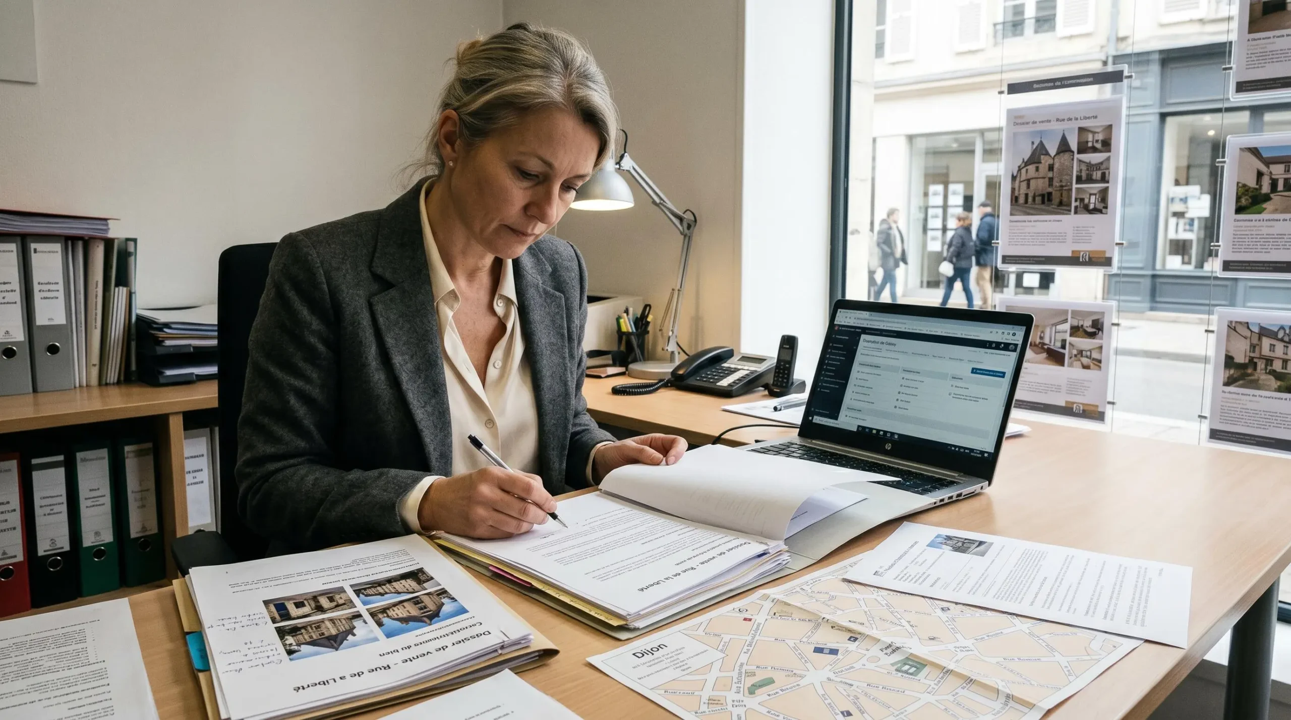 Professionnelle de l'immobilier consultant des dossiers de biens avec plans de quartiers dijonnais dans une agence locale, lumière naturelle