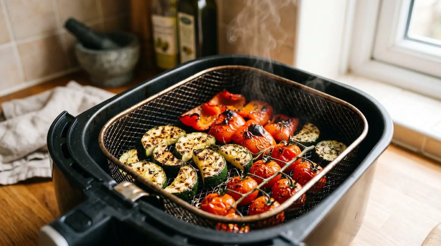 Légumes colorés grillés dans le panier d'une friteuse à air chaud sur un plan de travail de cuisine