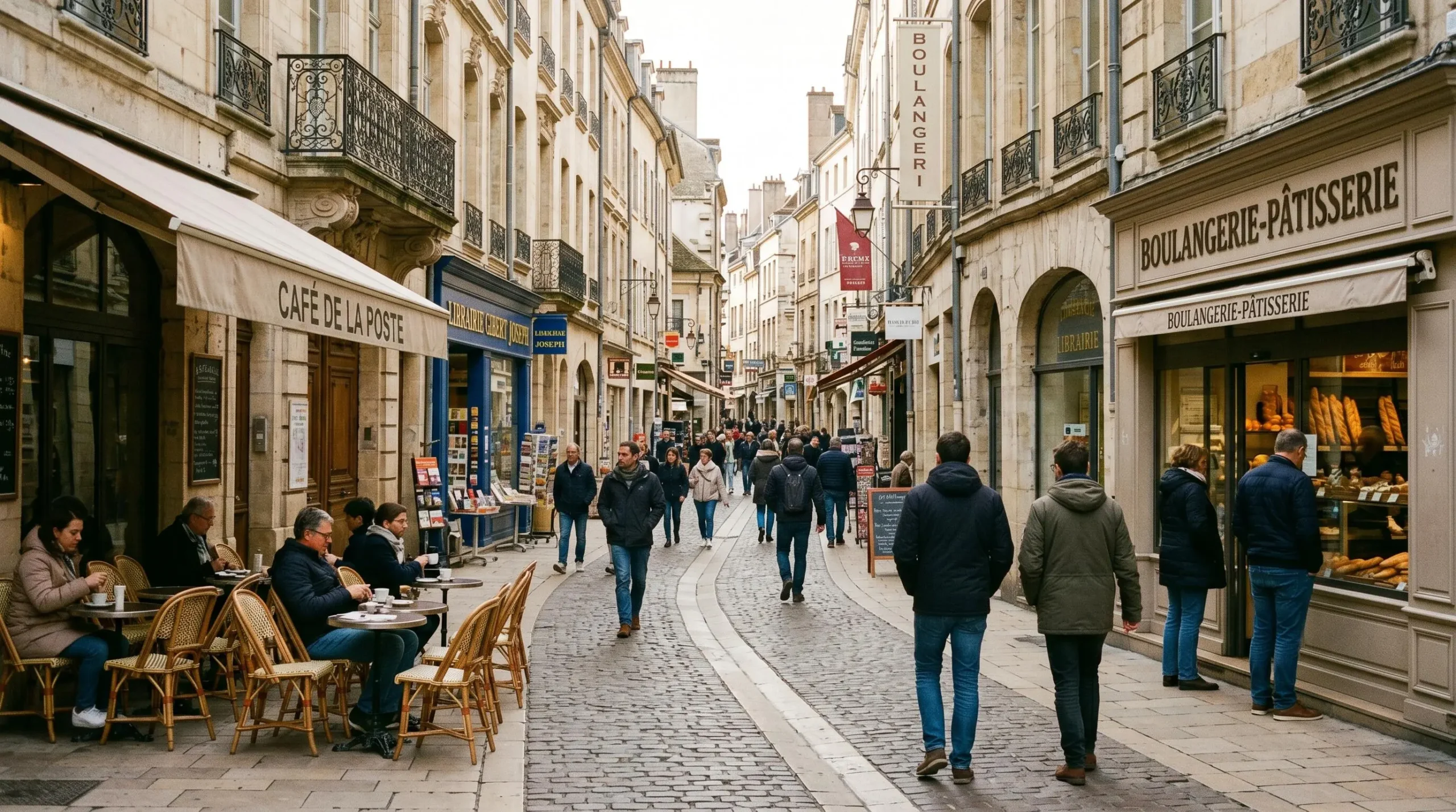 Rue commerçante piétonne animée du centre historique de Dijon avec commerces de proximité et terrasses de café, architecture traditionnelle en pierre