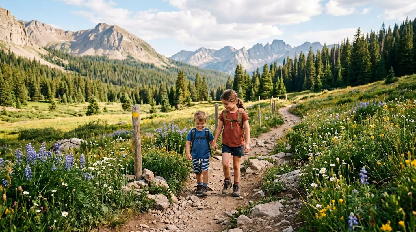 Enfants marchant sur un sentier de randonnée alpin à Courchevel en été, paysage de prairies et forêts
