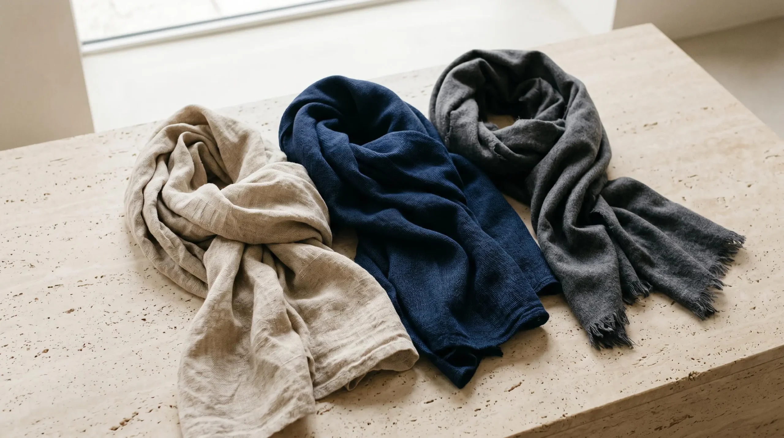 Trois chèches de textures et couleurs variées (lin beige, coton bleu marine, nuance terre) disposés de façon organique sur une surface neutre contemporaine, lumière douce révélant les différences de tissage