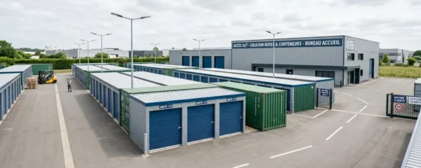 Vue d'ensemble d'un centre de stockage professionnel avec allées de boxes sécurisés et containers maritimes dans un environnement industriel moderne