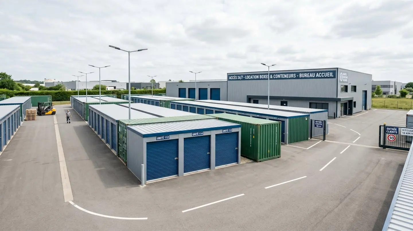 Vue d'ensemble d'un centre de stockage professionnel avec allées de boxes sécurisés et containers maritimes dans un environnement industriel moderne