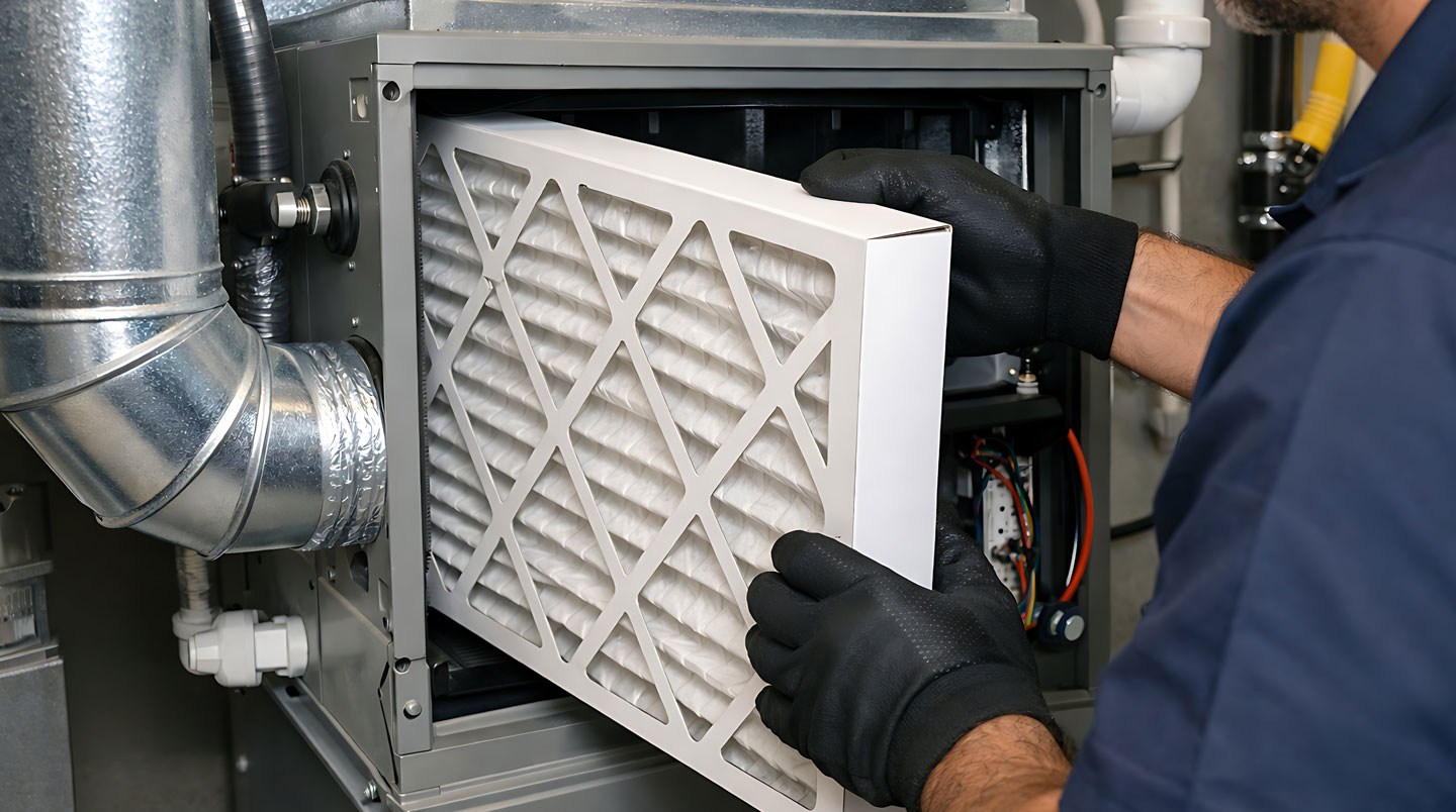 Grille de ventilation au plafond d'une salle de classe moderne avec filtre haute performance visible lors d'une intervention de maintenance, éclairage naturel abondant