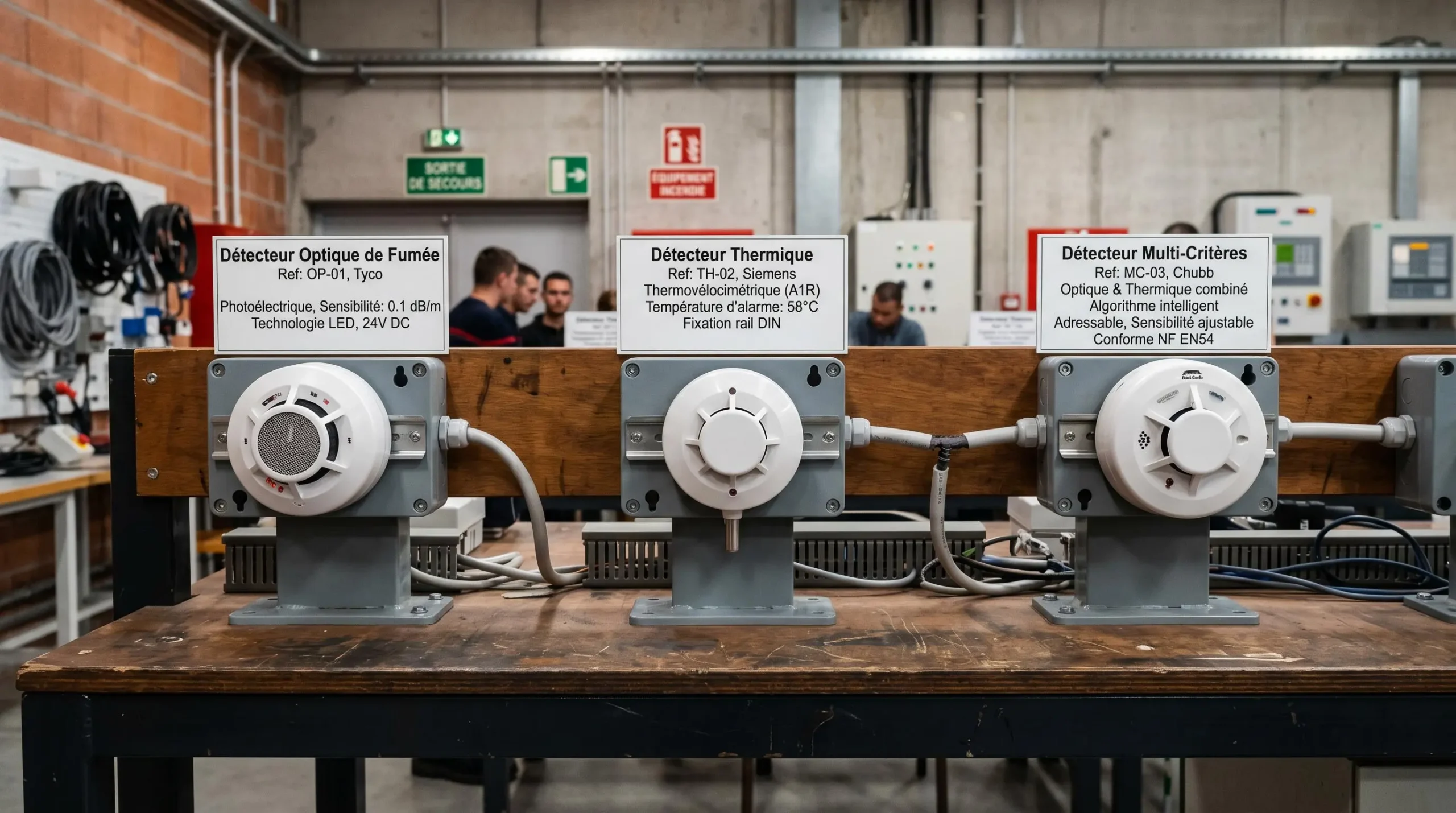 Comparaison de trois types de détecteurs incendie sur table de formation : détecteur optique, thermique et multicritères avec leurs spécifications techniques en français