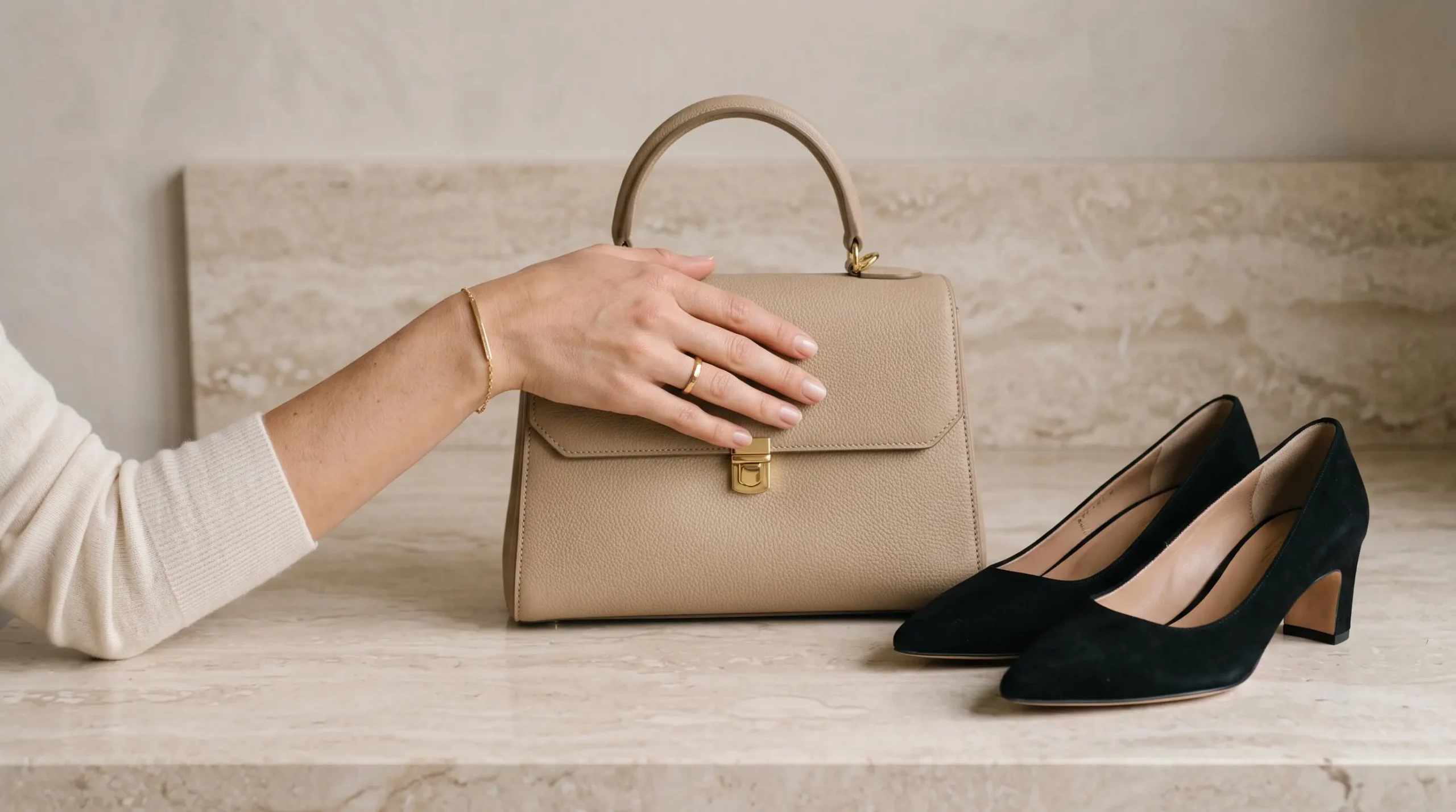Composition minimaliste montrant main féminine avec bijoux fins en or posée sur sac structuré beige, à côté de bottines fines noires sur surface marbre clair