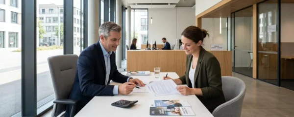 Conseiller bancaire et client consultant des documents de crédit immobilier dans un bureau moderne d'agence Caisse d'Epargne
