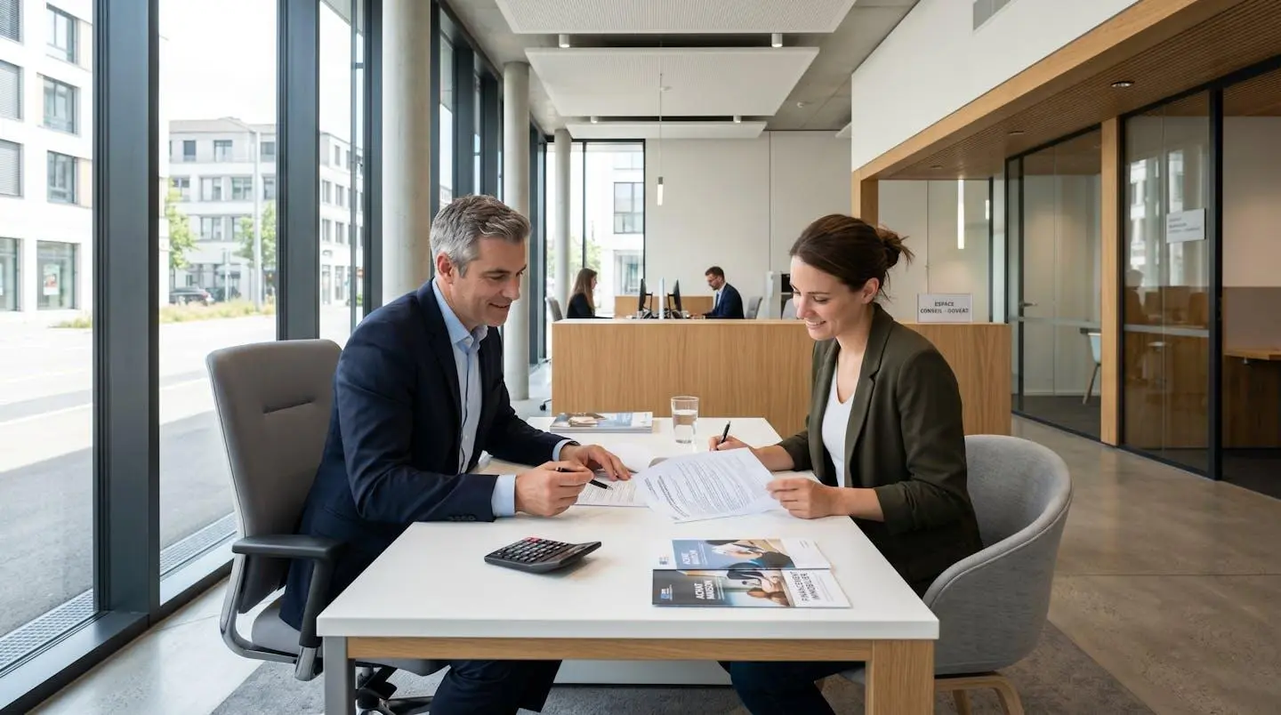 Conseiller bancaire et client consultant des documents de crédit immobilier dans un bureau moderne d'agence Caisse d'Epargne