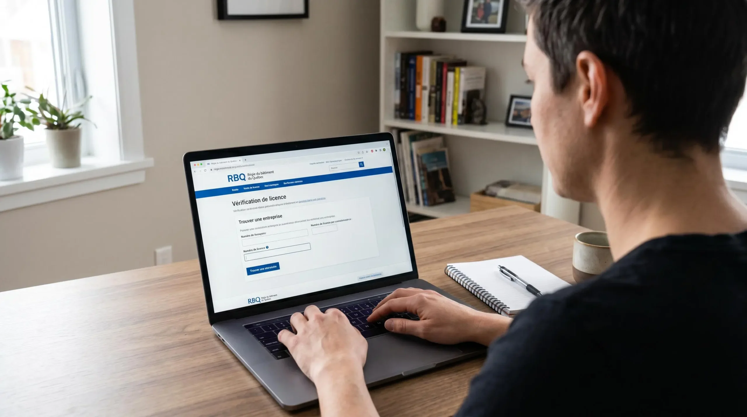 Personne consultant le registre en ligne de la Régie du bâtiment du Québec pour vérifier la licence d'un entrepreneur