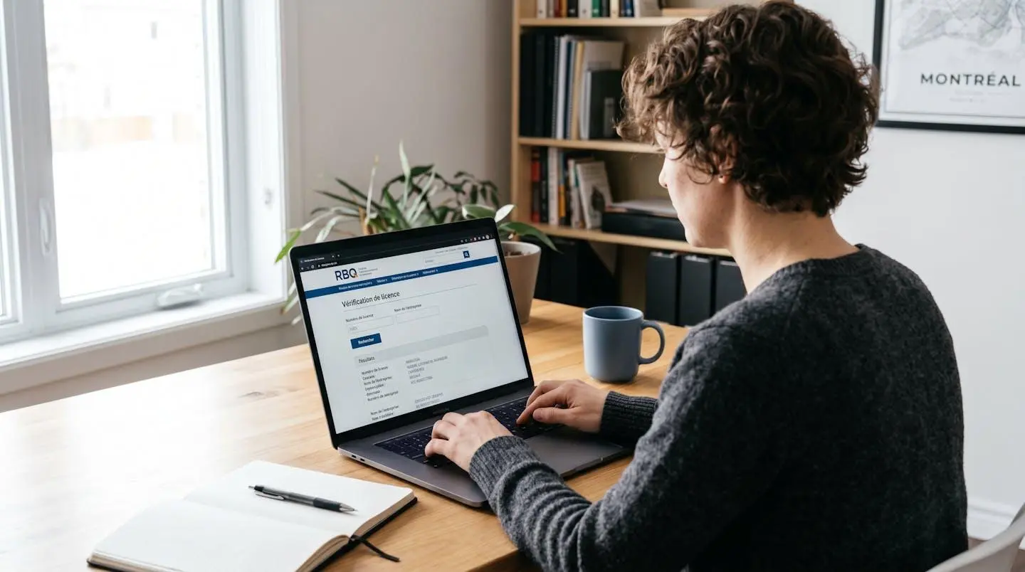 Personne consultant le registre en ligne de la Régie du bâtiment du Québec pour vérifier la licence d'un entrepreneur