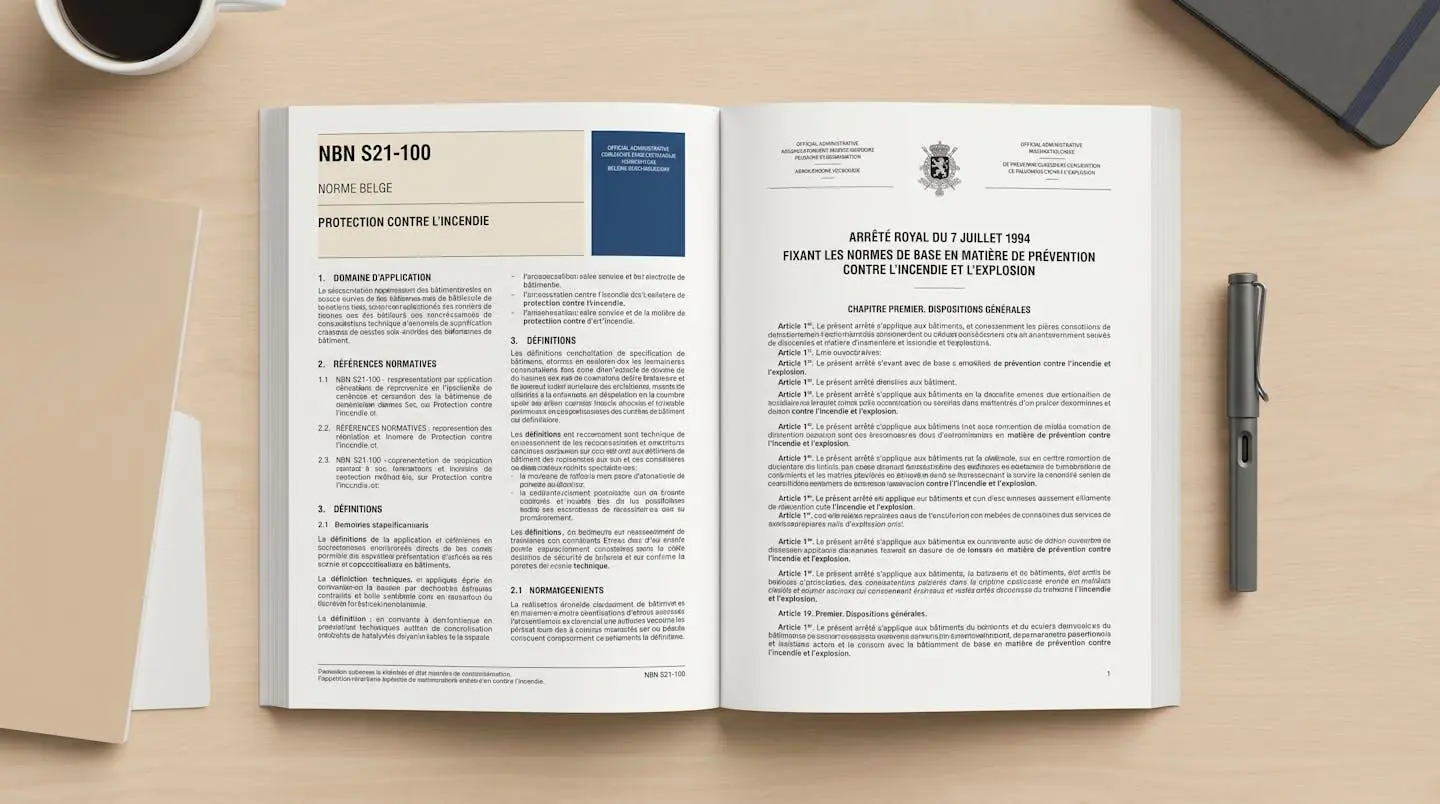 Documents officiels belges ouverts sur un bureau professionnel : norme NBN S21-100 et Arrêté royal du 7 juillet 1994 relatifs à la sécurité incendie