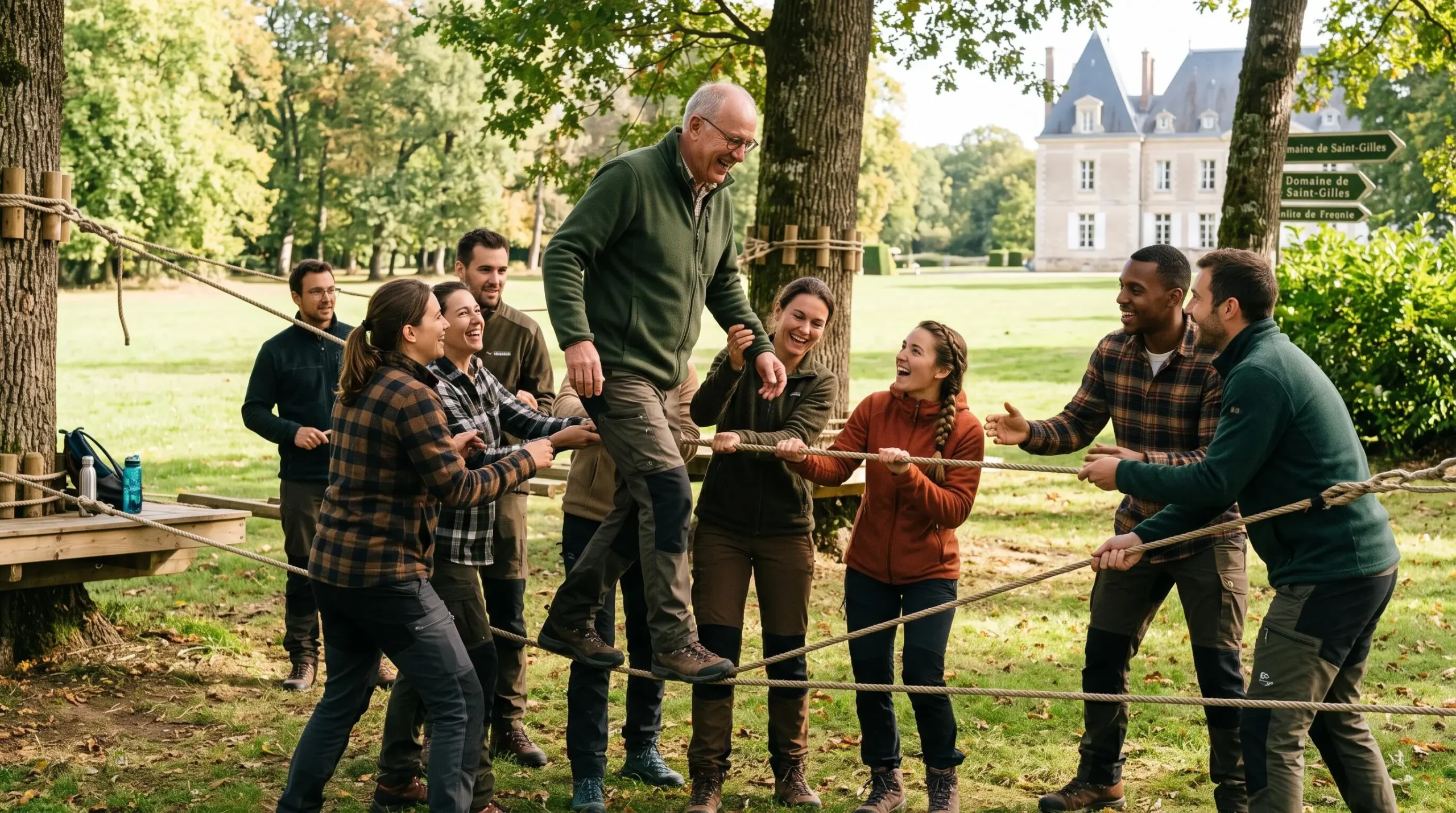 Équipe de professionnels en pleine activité de team building collaboratif en extérieur dans un parc de domaine, mouvements dynamiques et interactions authentiques