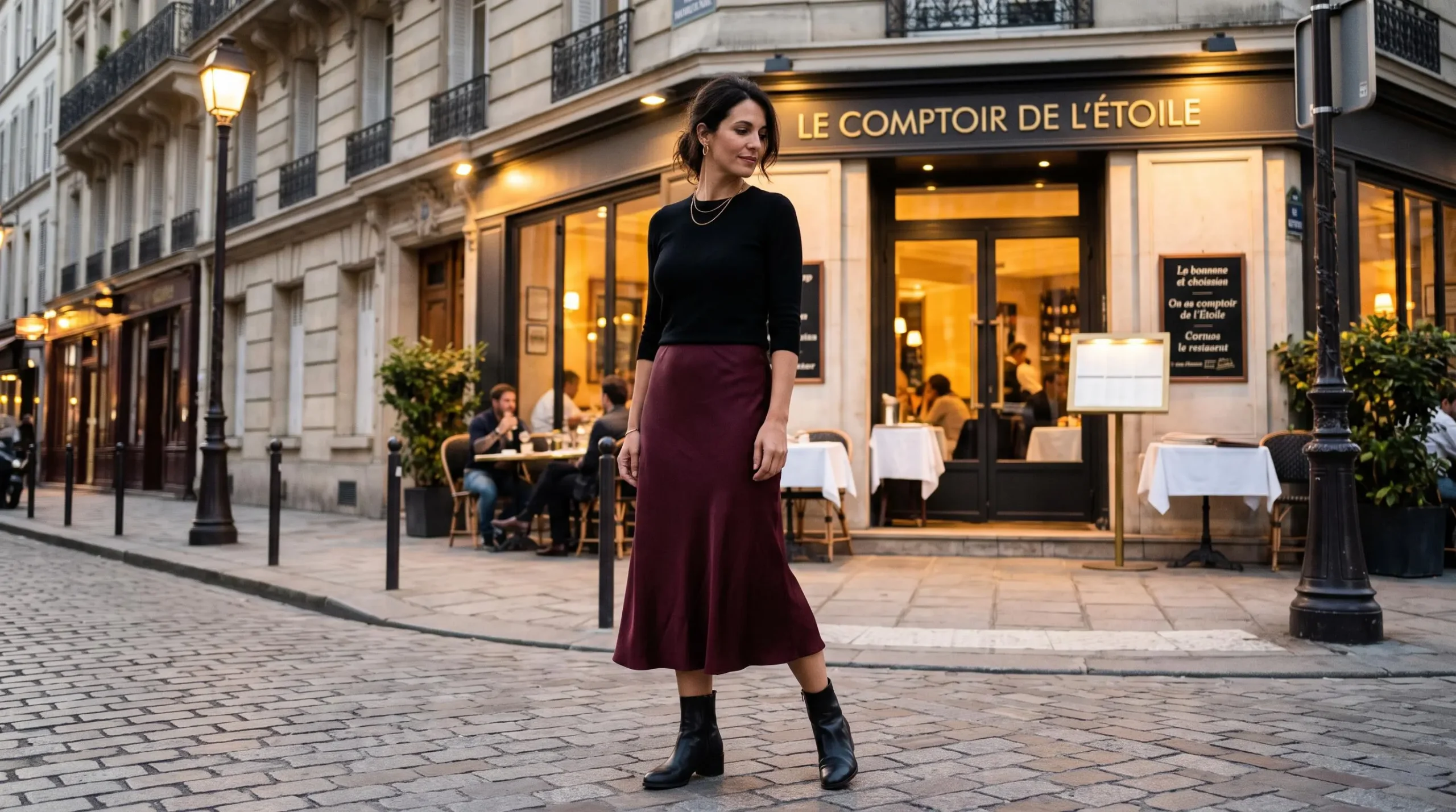 Femme française en tenue soirée élégante dans rue parisienne éclairée, portant top maille noir associé à jupe midi fluide bordeaux et bottines fines, bijoux discrets en or