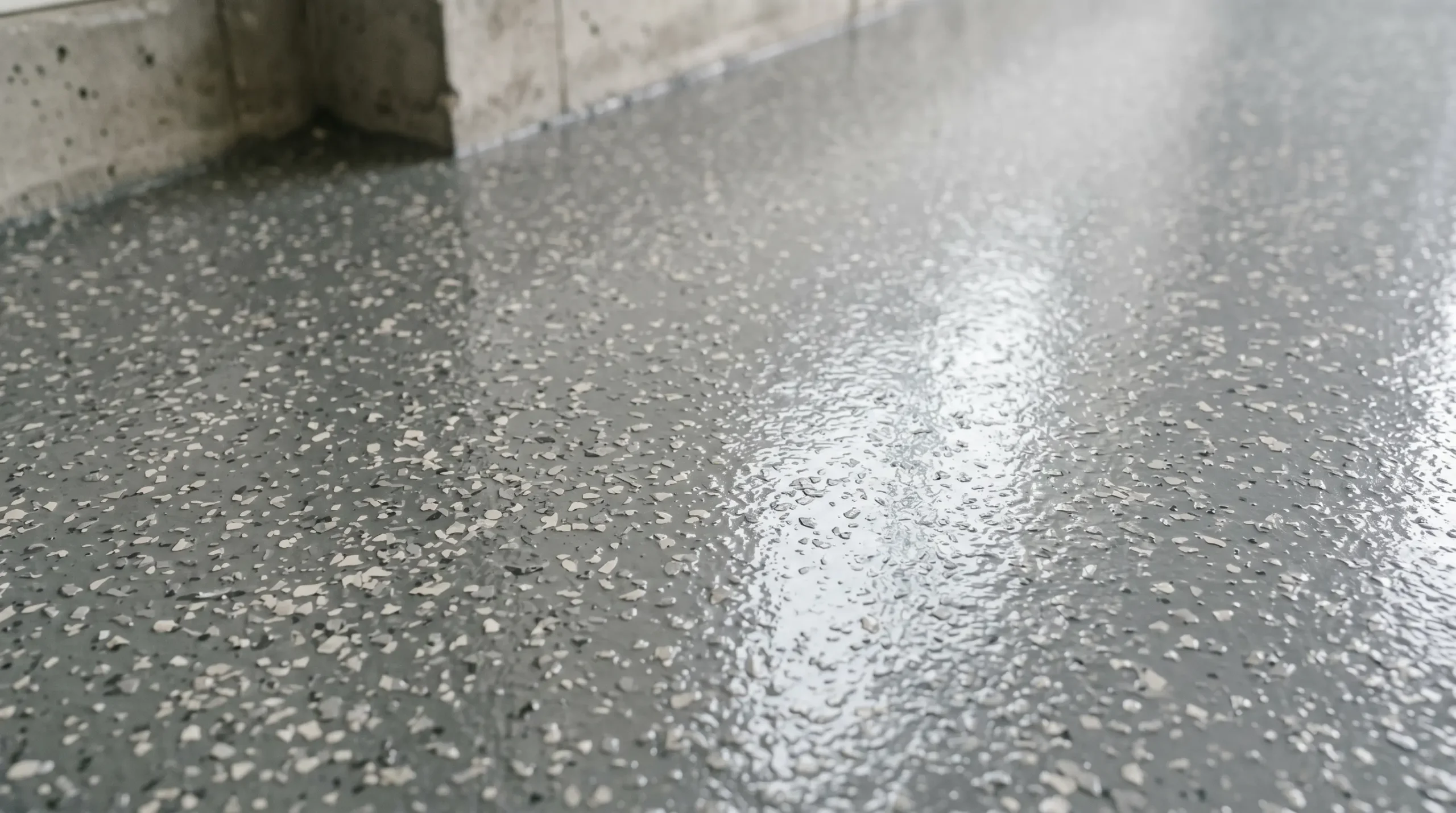 Gros plan macro sur flocons de vinyle gris et blancs incrustés dans revêtement époxy polyuréa de plancher de garage, texture mouchetée aspect granit, finition brillante avec reflets naturels