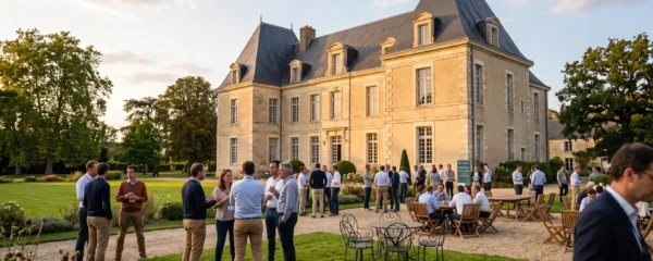 Groupe de professionnels en discussion informelle dans le parc d'un domaine historique en pierre lors d'un séminaire d'entreprise, lumière dorée de fin de journée, architecture Pays de la Loire
