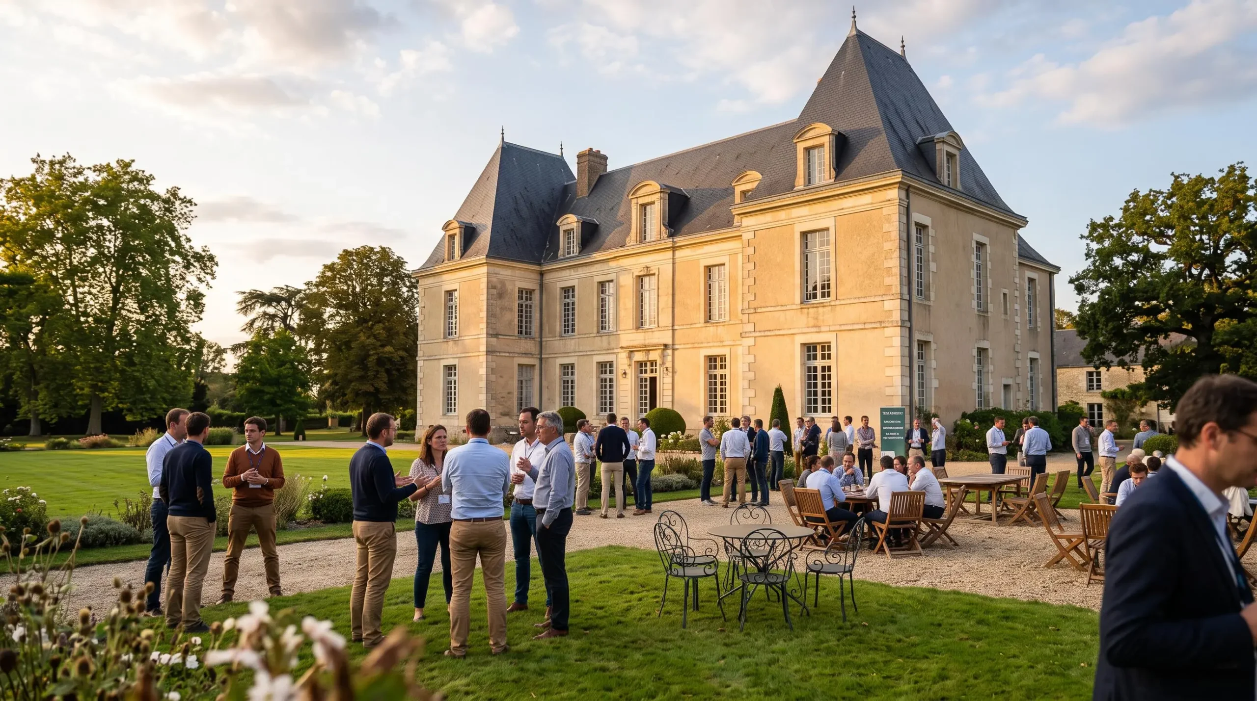 Groupe de professionnels en discussion informelle dans le parc d'un domaine historique en pierre lors d'un séminaire d'entreprise, lumière dorée de fin de journée, architecture Pays de la Loire
