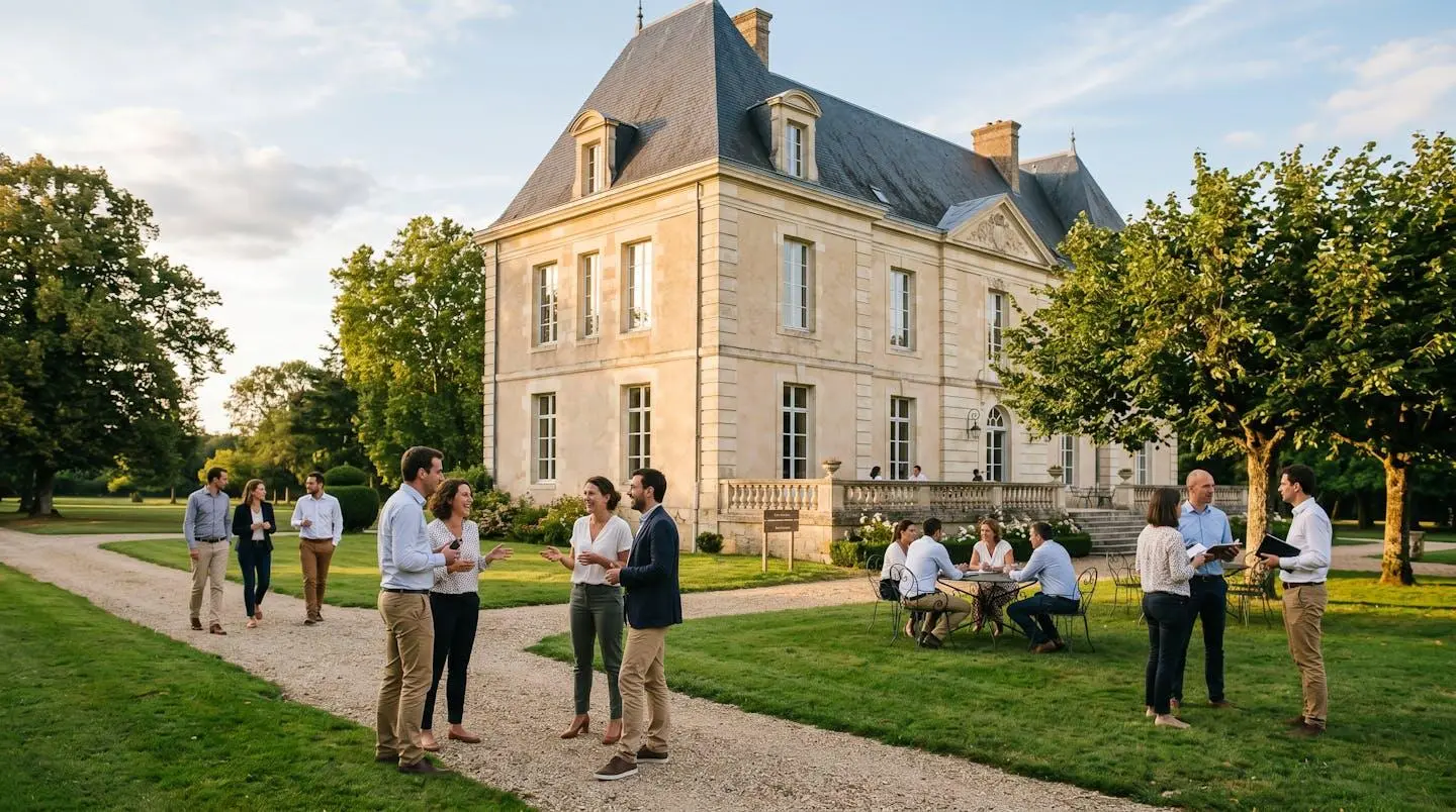 Groupe de professionnels en discussion informelle dans le parc d'un domaine historique en pierre lors d'un séminaire d'entreprise, lumière dorée de fin de journée, architecture Pays de la Loire