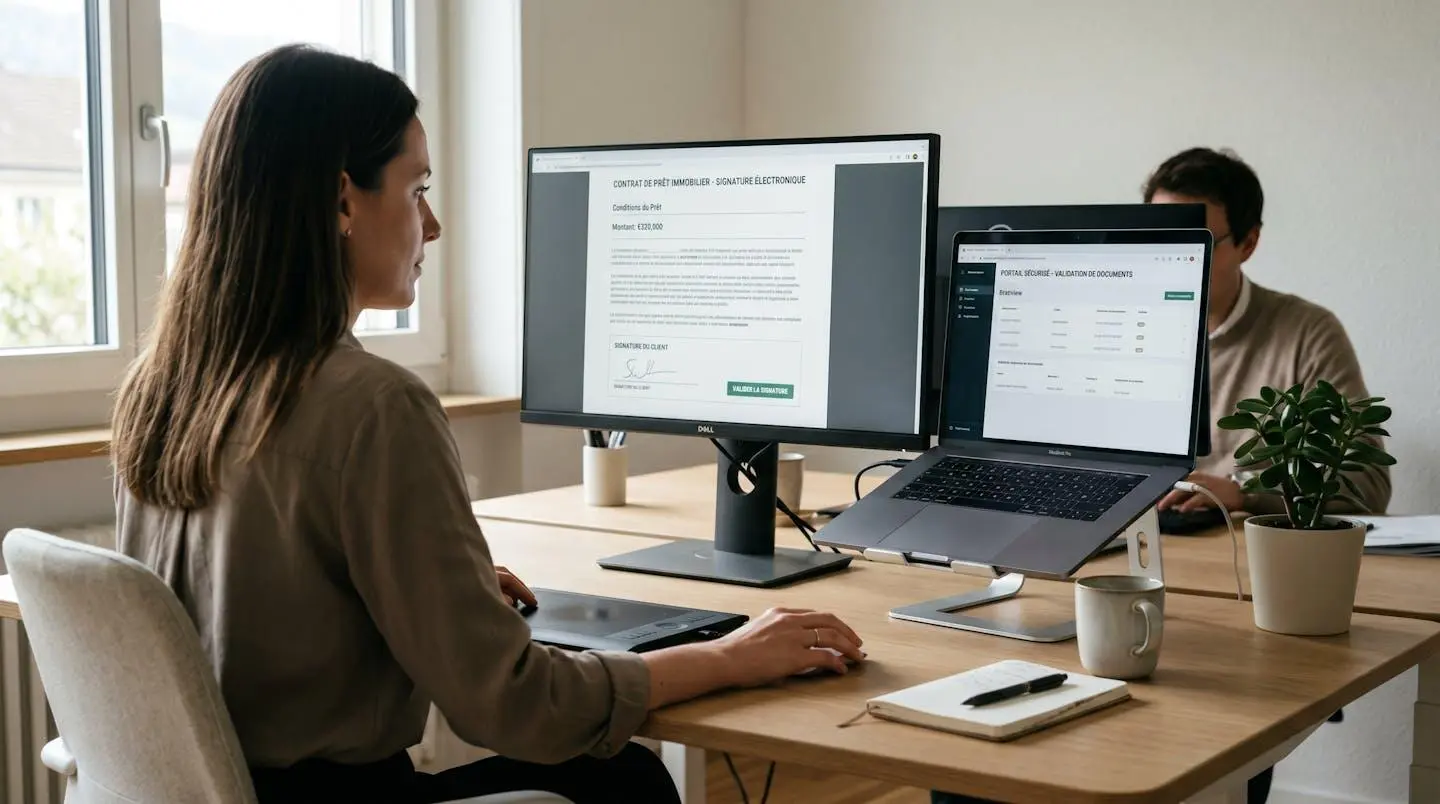Interface de signature électronique française pour finalisation d'un contrat de prêt immobilier sur écran d'ordinateur