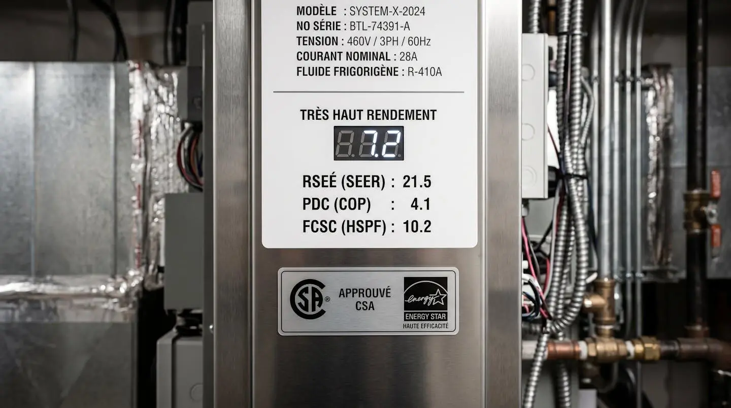 Panneau de contrôle d'un système HVAC commercial affichant les indices de performance énergétique SEER, COP et certifications CSA en français